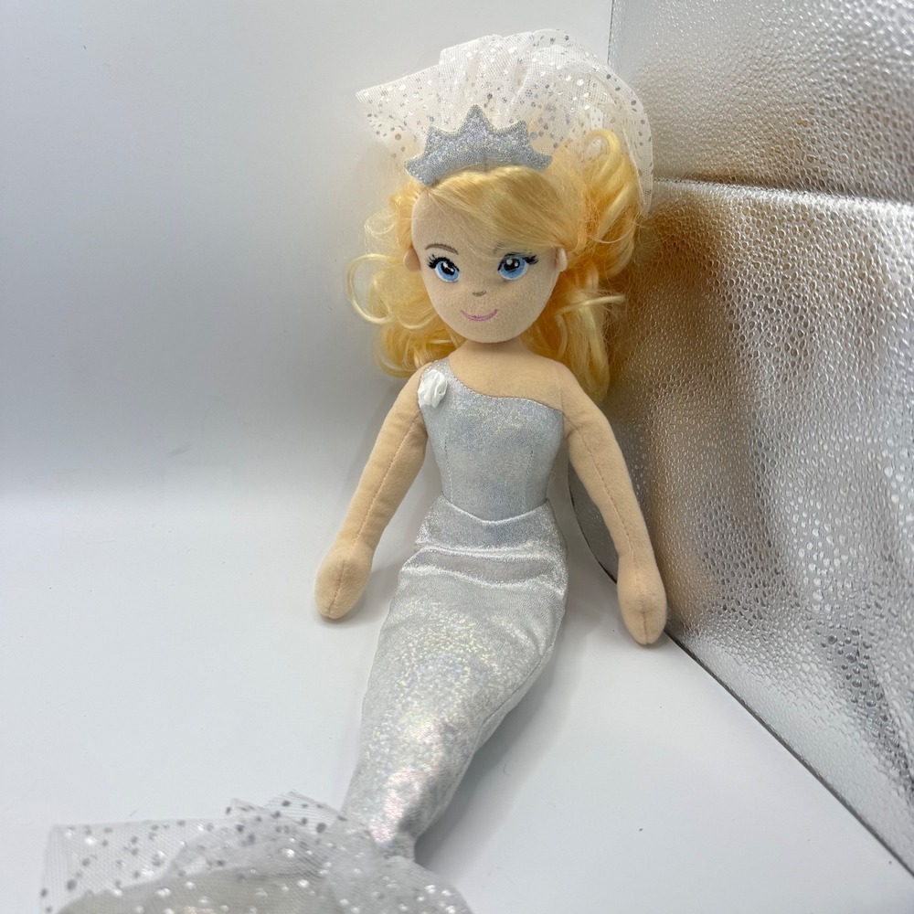 Aurora Plush Mermaid Doll Sparkly Silver Wedding‎ Dress Tiara Veil Kids Toy